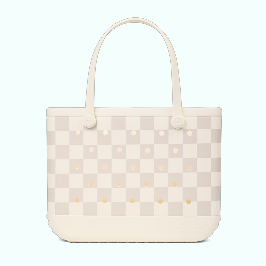 Original Bogg Bag Checkered Coconut/Mushroom Summer Beach Accessories Bag Waterproof Tip Resistant with Makeup Bag for Water Sports Travel Organizer Vacation Essentials for Women