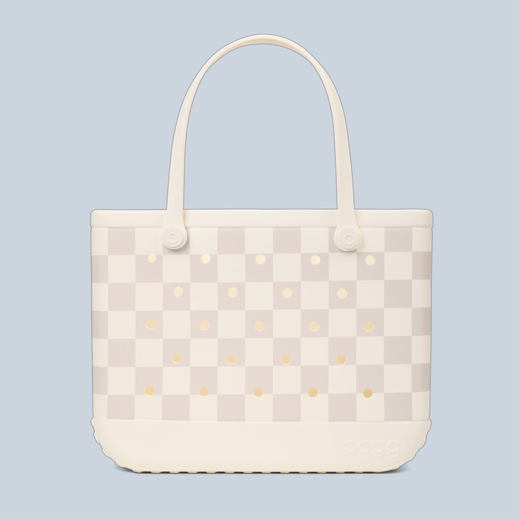 Original Bogg Bag Checkered Coconut/Mushroom Coastal Travel Beach Bag Functional Waterproof Non Slip Bottom Design for Summer Adventures