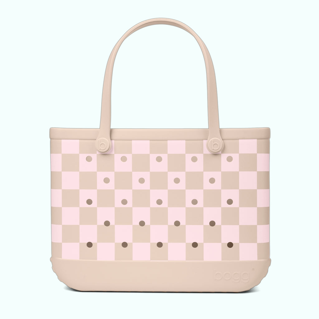 Original Bogg Bag Checkered Linen/ Pink Marshmallow Beach Vacation Carryall Stylish Waterproof Waterproof Phone Pouch Included for Weekend Travel