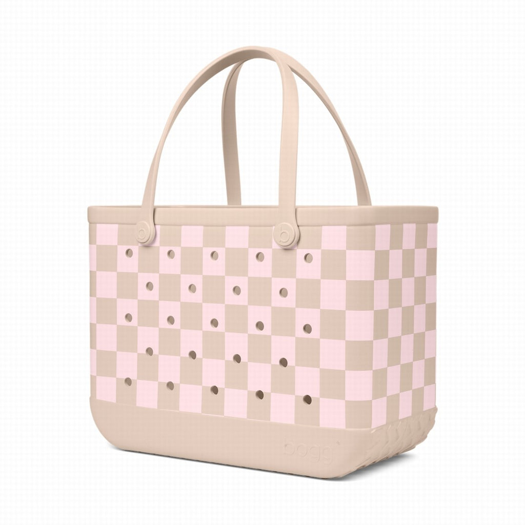 Original Bogg Bag Checkered Linen/ Pink Marshmallow Beach Vacation Carryall Stylish Waterproof Waterproof Phone Pouch Included for Weekend Travel