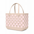 Original Bogg Bag Checkered Linen/ Pink Marshmallow Beach Vacation Carryall Stylish Waterproof Waterproof Phone Pouch Included for Weekend Travel