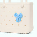 Bogg Bit Blue Bow Waterproof EVA Beach Tote Bag Travel Friendly Washable with Reinforced Handles for Weekend Getaways Travel Organizer Vacation Essentials for Women